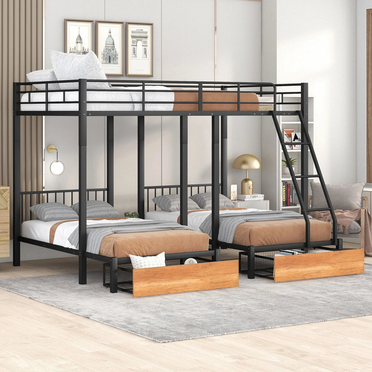 Triple Bunk Bed With Drawers And Guardrails - Furniture Home Direct