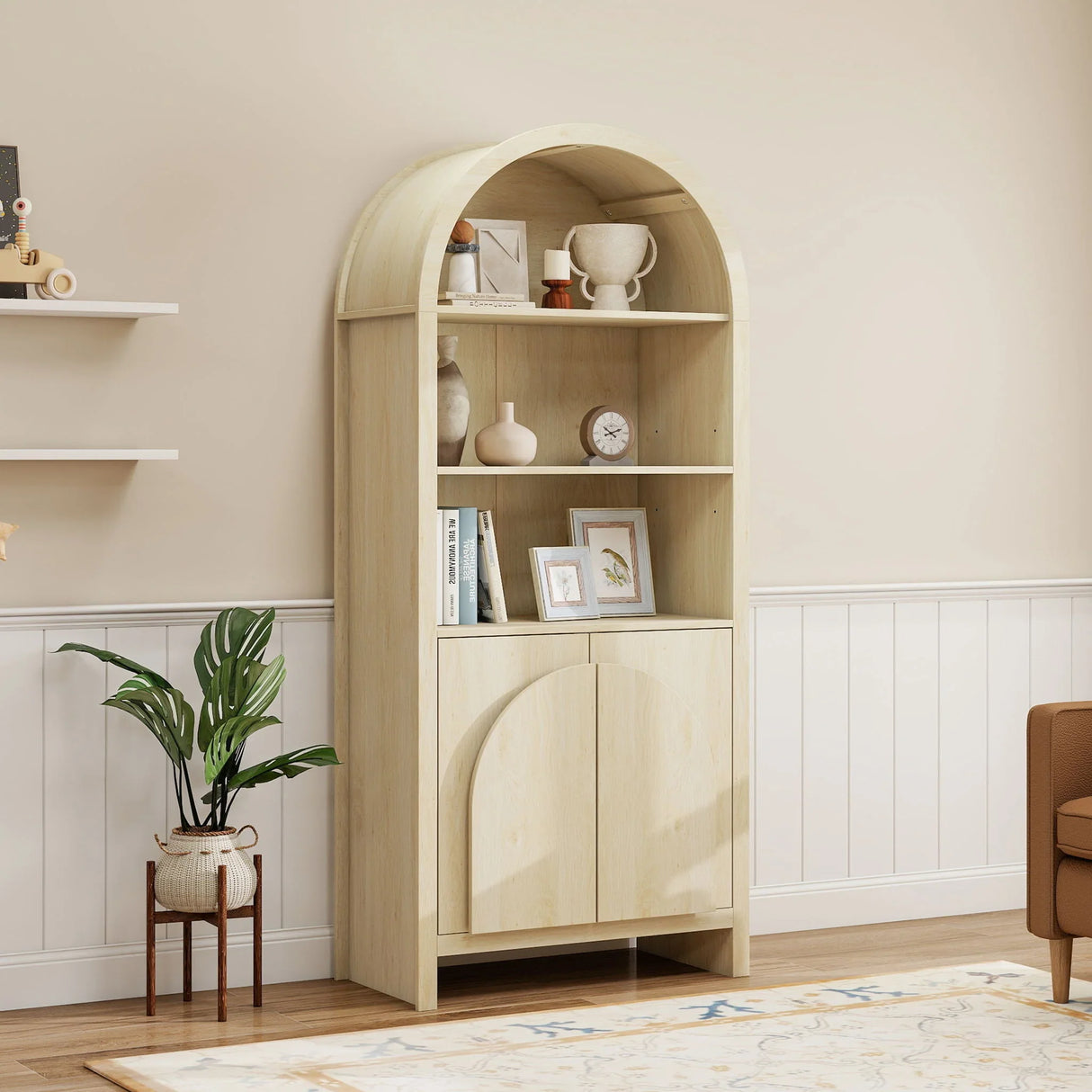 Arched Kitchen Pantry, Modern Farmhouse Wood Kitchen Storage Cabinets, Arched Storage Display Cabinet With Adjustable Shelves, Versatile Cupboard For Kitchen, Dining Room - Natural - Furniture Home Direct