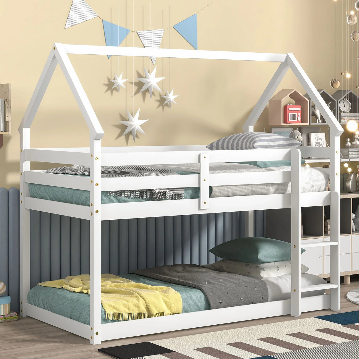 Twin Over Twin Loft Bed With Roof Design, Safety Guardrail, Ladder - Furniture Home Direct