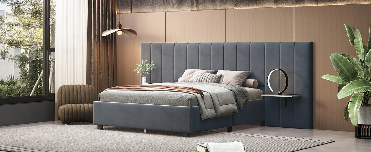 Queen Bed Upholstered Platform With Tall Headboard Gray - Furniture Home Direct