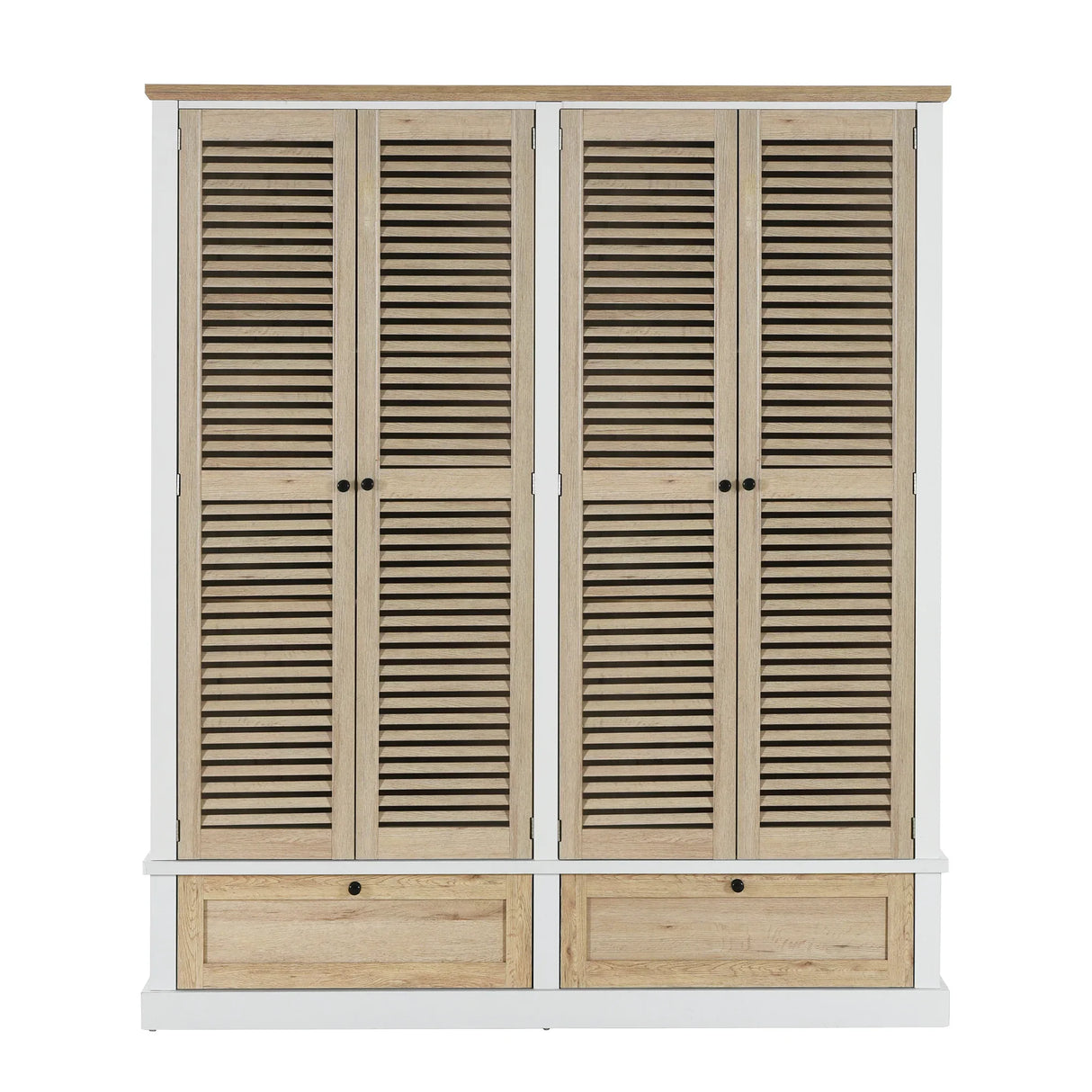 4 Shutter Door Wardrobe Armoire with 2 Drawers, Natural + White - Furniture Home Direct