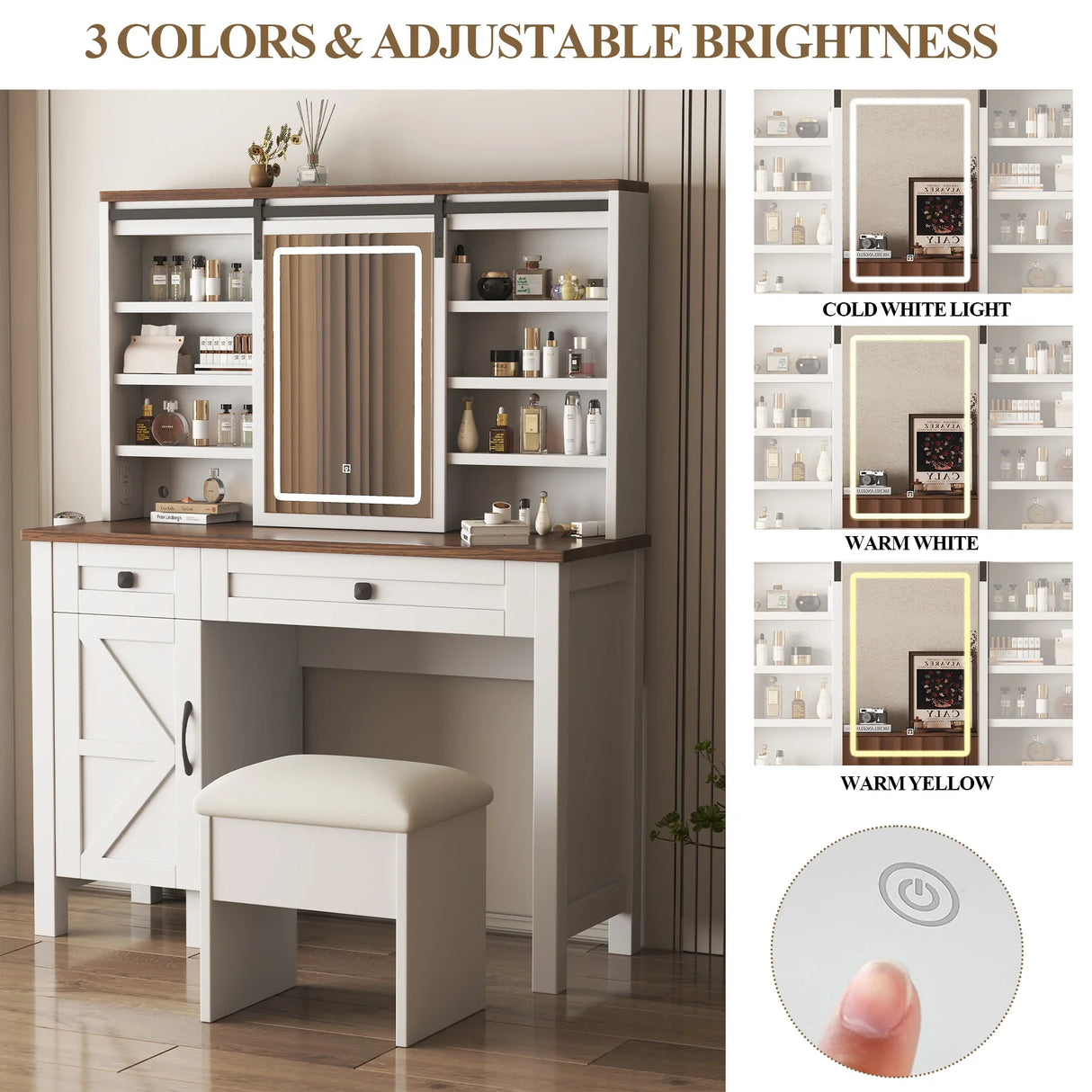 Vanity Desk With Sliding Mirror And LED Lights White - Furniture Home Direct