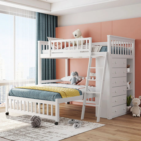 Bunk Bed With 6 Drawers And Flexible Shelves, Bottom Bed With Wheels - Furniture Home Direct