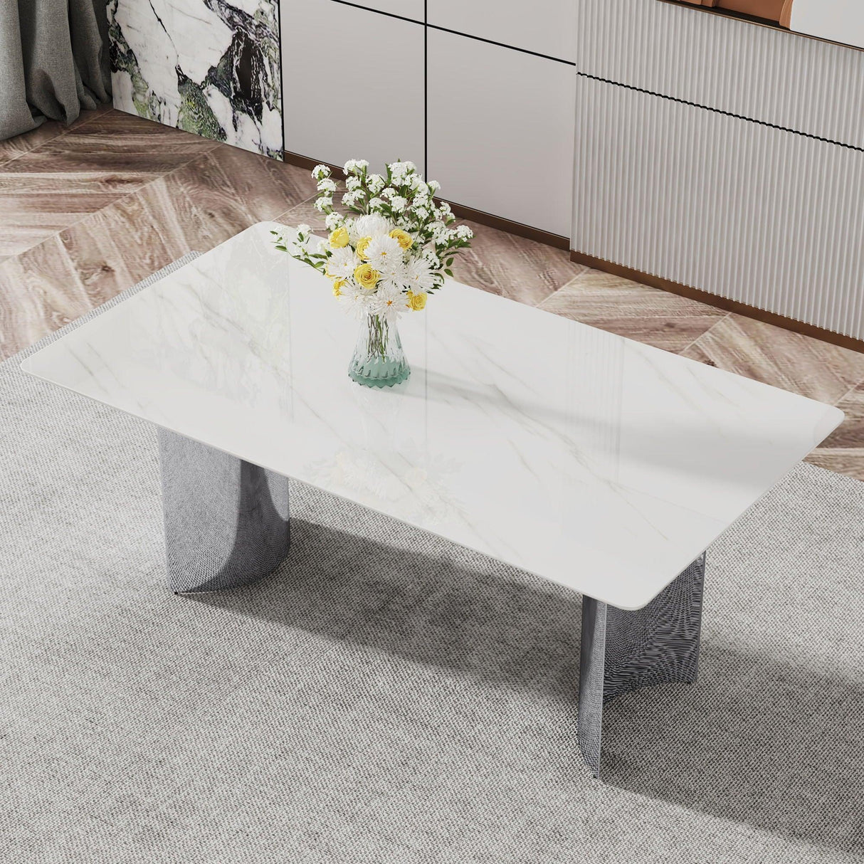 Modern Minimalist Dining Table With Imitation Marble Glass Desktop And Metal Legs - Furniture Home Direct
