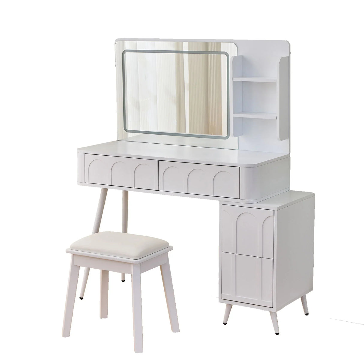 Modern Makeup Vanity Desk With LED Lights & Mirror 4 Drawer Dressing Table Set Space Saving For Bedroom - White - Furniture Home Direct