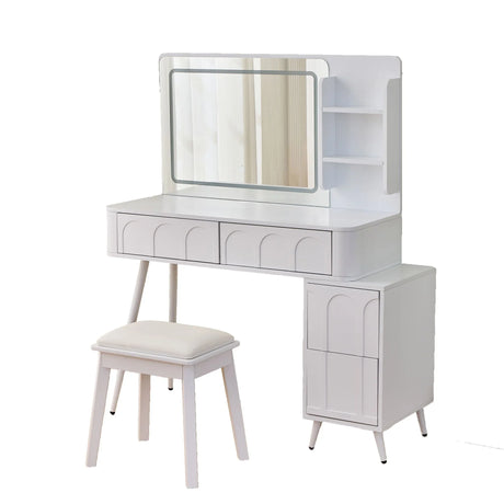 Modern Makeup Vanity Desk With LED Lights & Mirror 4 Drawer Dressing Table Set Space Saving For Bedroom - White - Furniture Home Direct