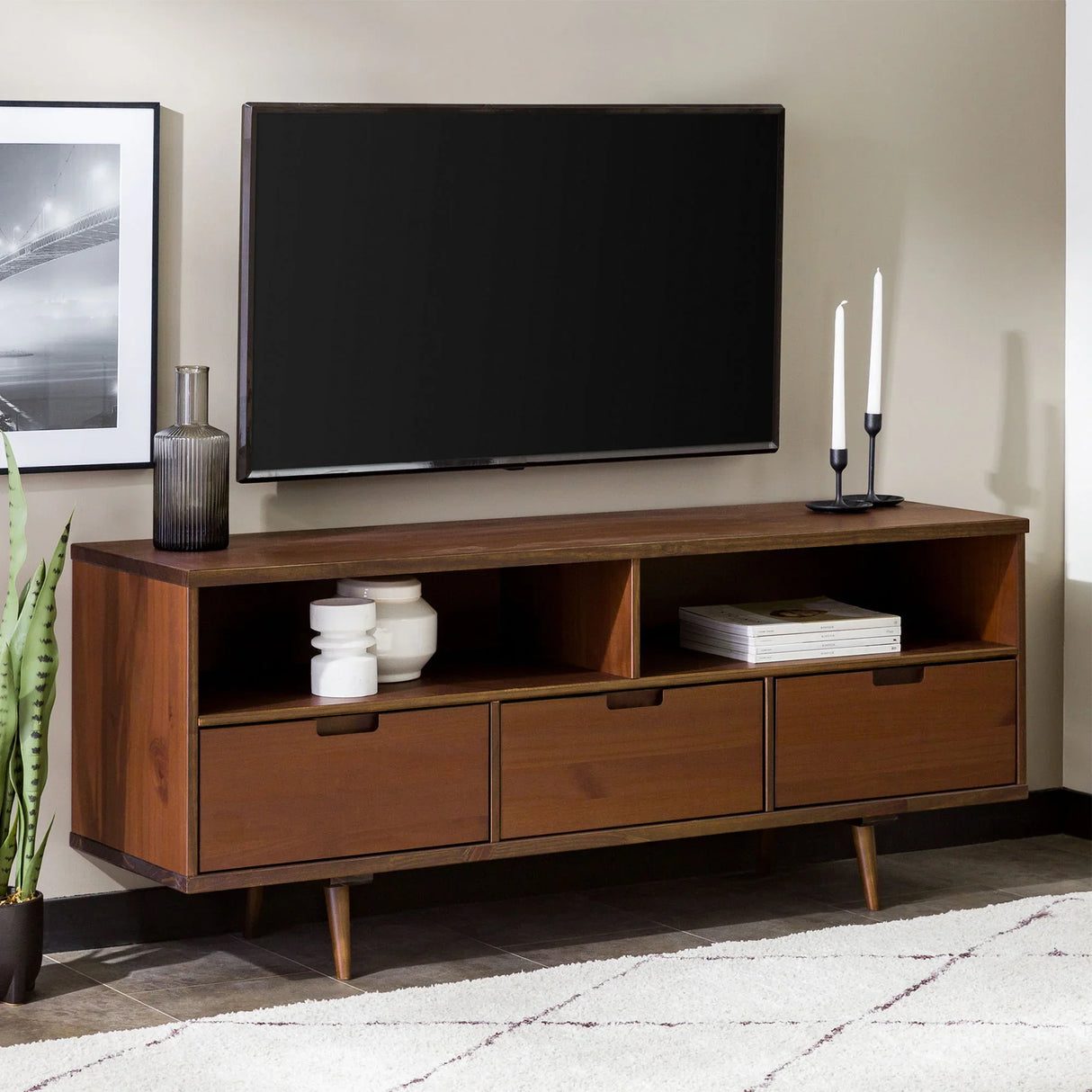 Mid-Century Modern Minimalist 3 Drawer Corner TV Stand For TVs Up To 58 - Furniture Home Direct
