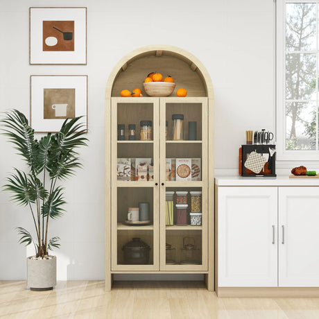 Tall Arched Kitchen Pantry, Modern Farmhouse Wood Kitchen Storage Cabinets, Arched Storage Display Cabinet With Adjustable Shelves, Versatile Cupboard For Kitchen, Dining Room - Natural - Furniture Home Direct