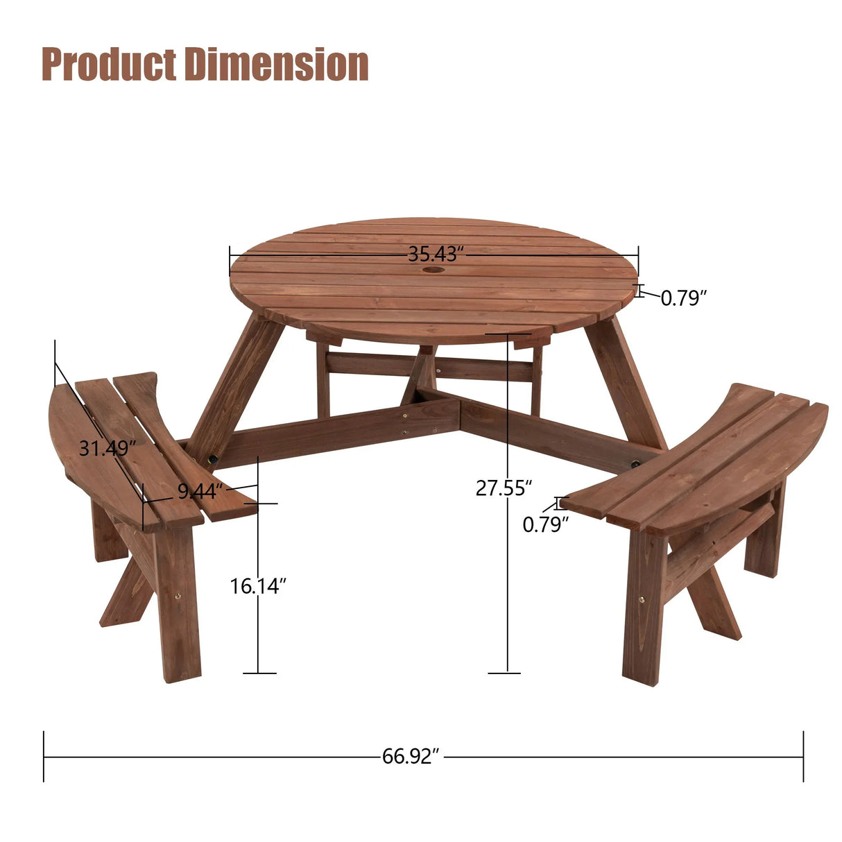 6 Person Circular Outdoor Wooden Picnic Table For Patio, Backyard, Garden, Diy With 3 Built-In Benches, 1720Lb Capacity - Furniture Home Direct