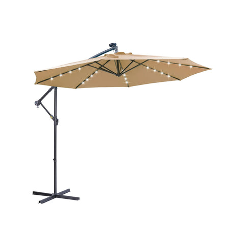 Outdoor Cantilever Patio Umbrella With 32 LED Lights 10 Ft Hanging Design Easy Open Adjustment Metal Frame - Taupe - Furniture Home Direct
