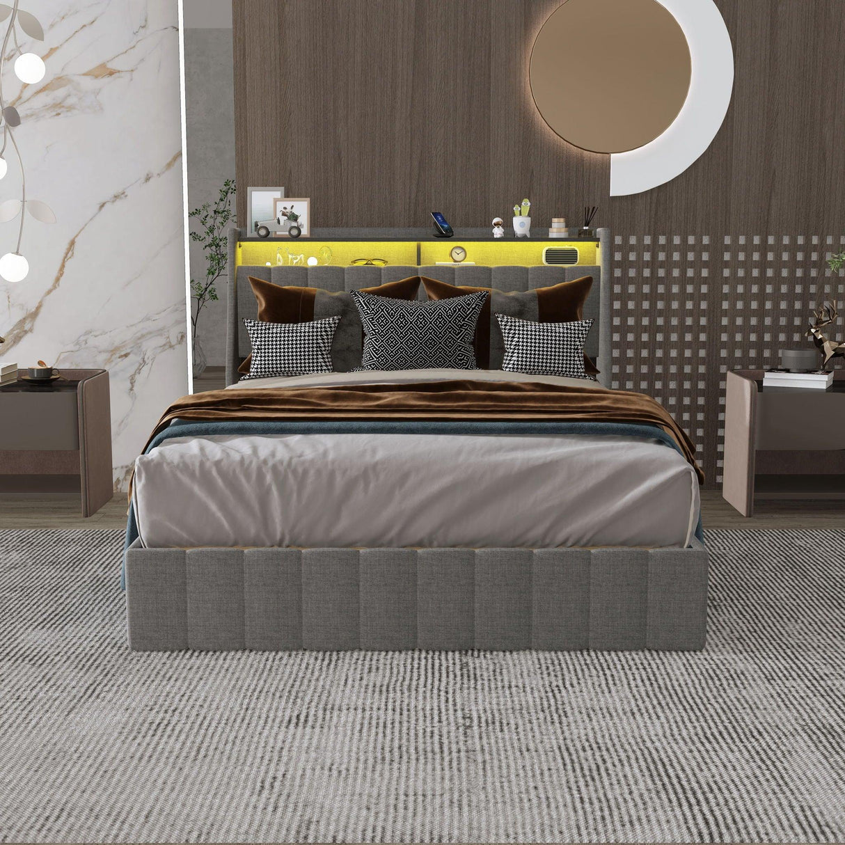 Bed With LED Lights, 4 Drawers, Winged Headboard Upholstered - Furniture Home Direct