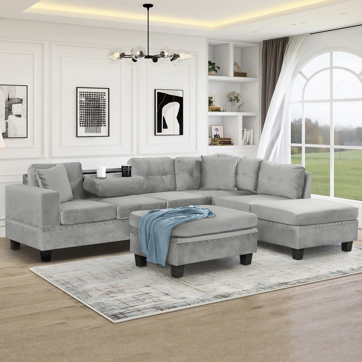 Modern Sectional Sofa With Storage Ottoman, L - Shape Couch With 2 Pillows And Cup Holders - Furniture Home Direct