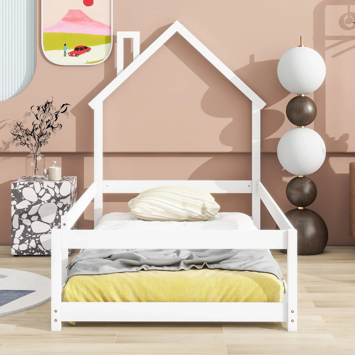 Wood Bed With House Shaped Headboard Floor Bed With Fences - Furniture Home Direct
