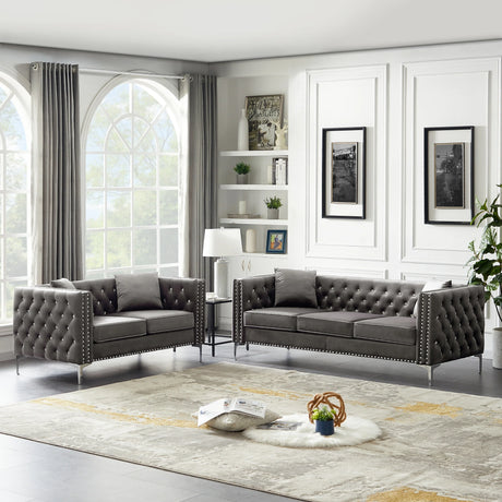 2 Piece Velvet Living Room Set with Sofa and Loveseat and 4 Pillows - Gray - Furniture Home Direct