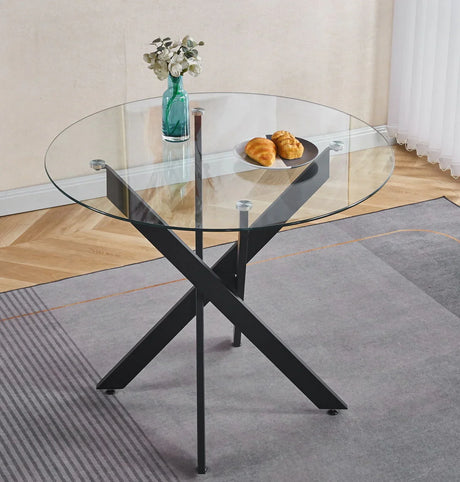 Dining Table With Cross Metal Leg And Tempered Glass, Modern Space Saving Kitchen Table For Living Room - Furniture Home Direct