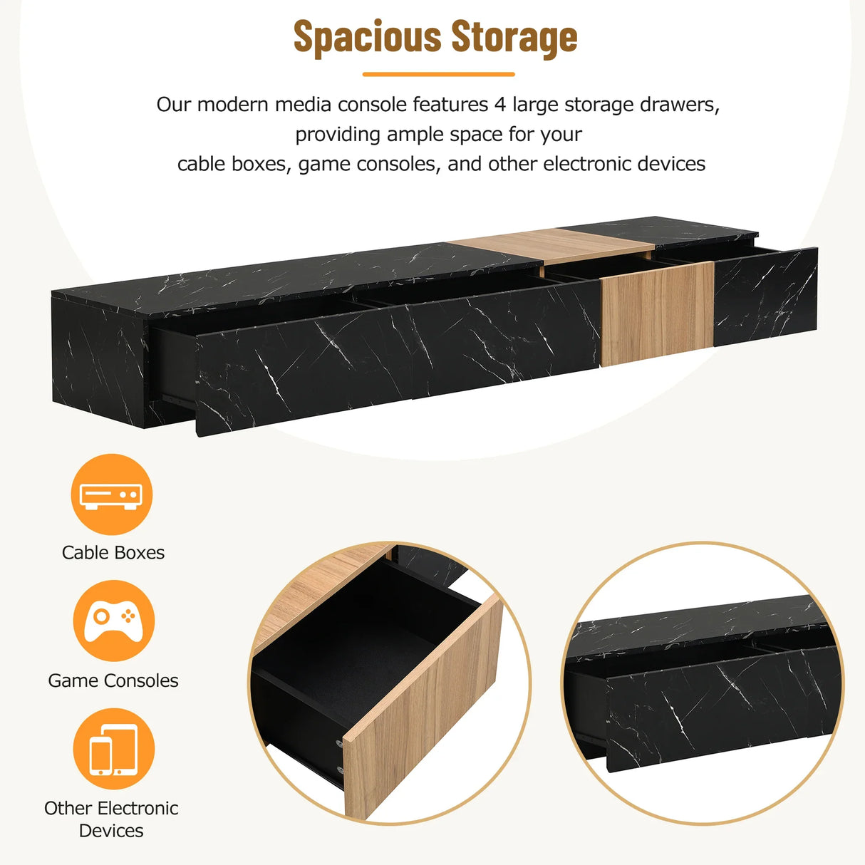 TV Stand With Faux Marble Walnut Finish Low Profile Black - Furniture Home Direct