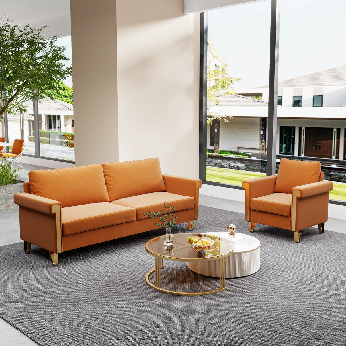 2 Piece living Room Set with Sofa and Chair, Orange Velvet - Furniture Home Direct