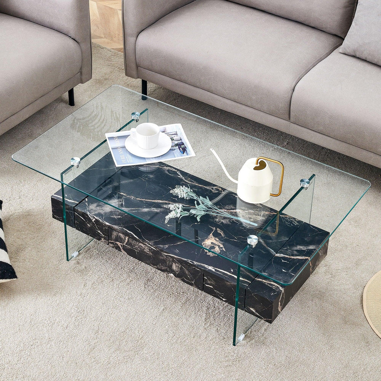 Modern 2 Tier Square Coffee Table, Elegant Marble Pattern - Furniture Home Direct