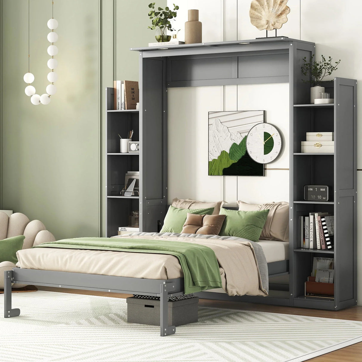 Wall Murphy Bed With Shelves And LED Lights - Furniture Home Direct