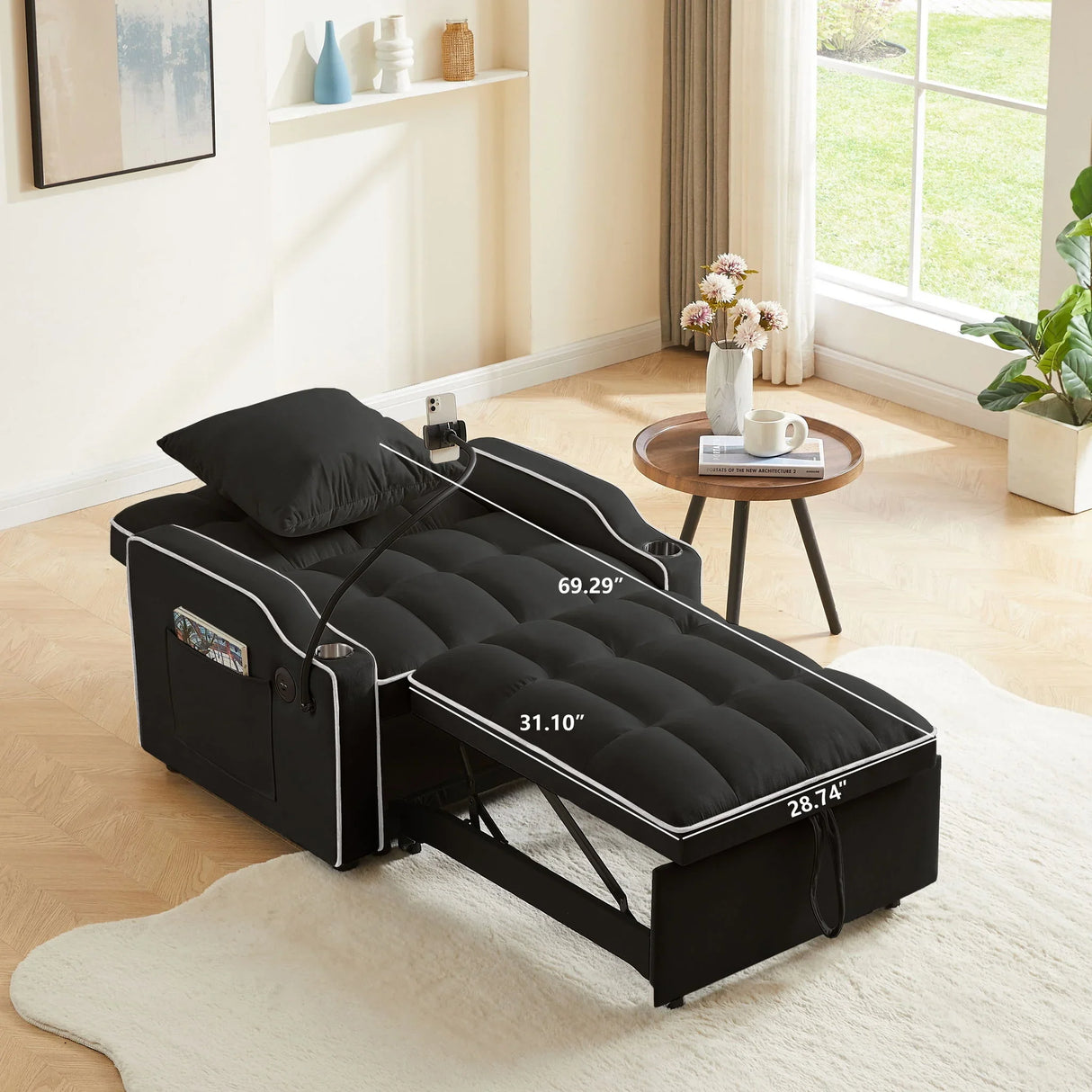 Convertible Velvet 3 In 1 Sofa Bed With Adjustable Sleeper Chair And Multi Pockets - Furniture Home Direct