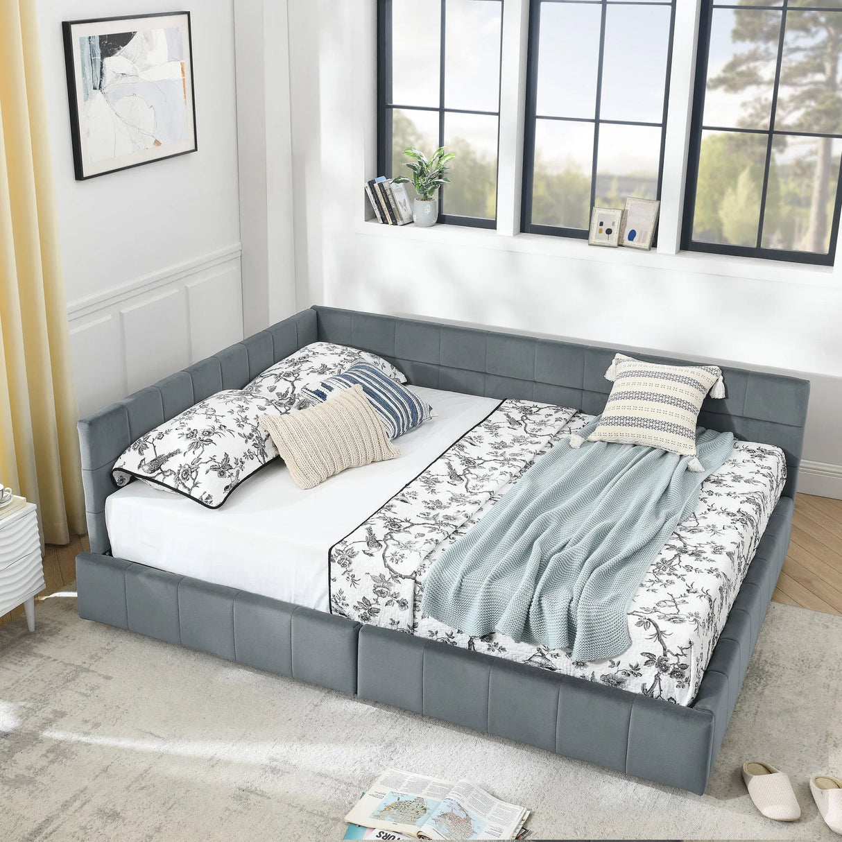 Mid-Century Storage Upholstered Tufted Bed Frame With Backrest And Armrests - Furniture Home Direct