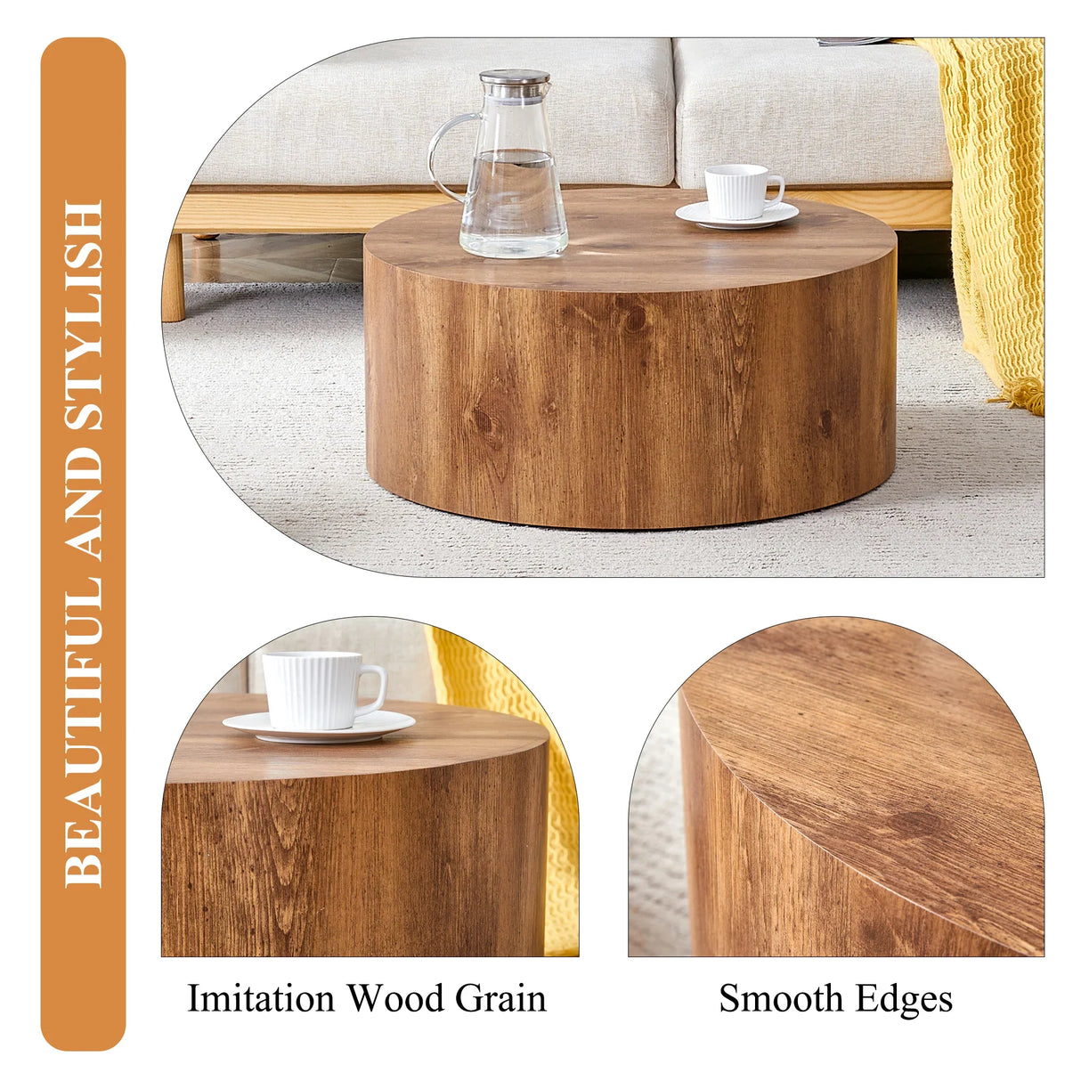 Coffee Table Cylindrical Wood Design Accent Warm Brown - Furniture Home Direct
