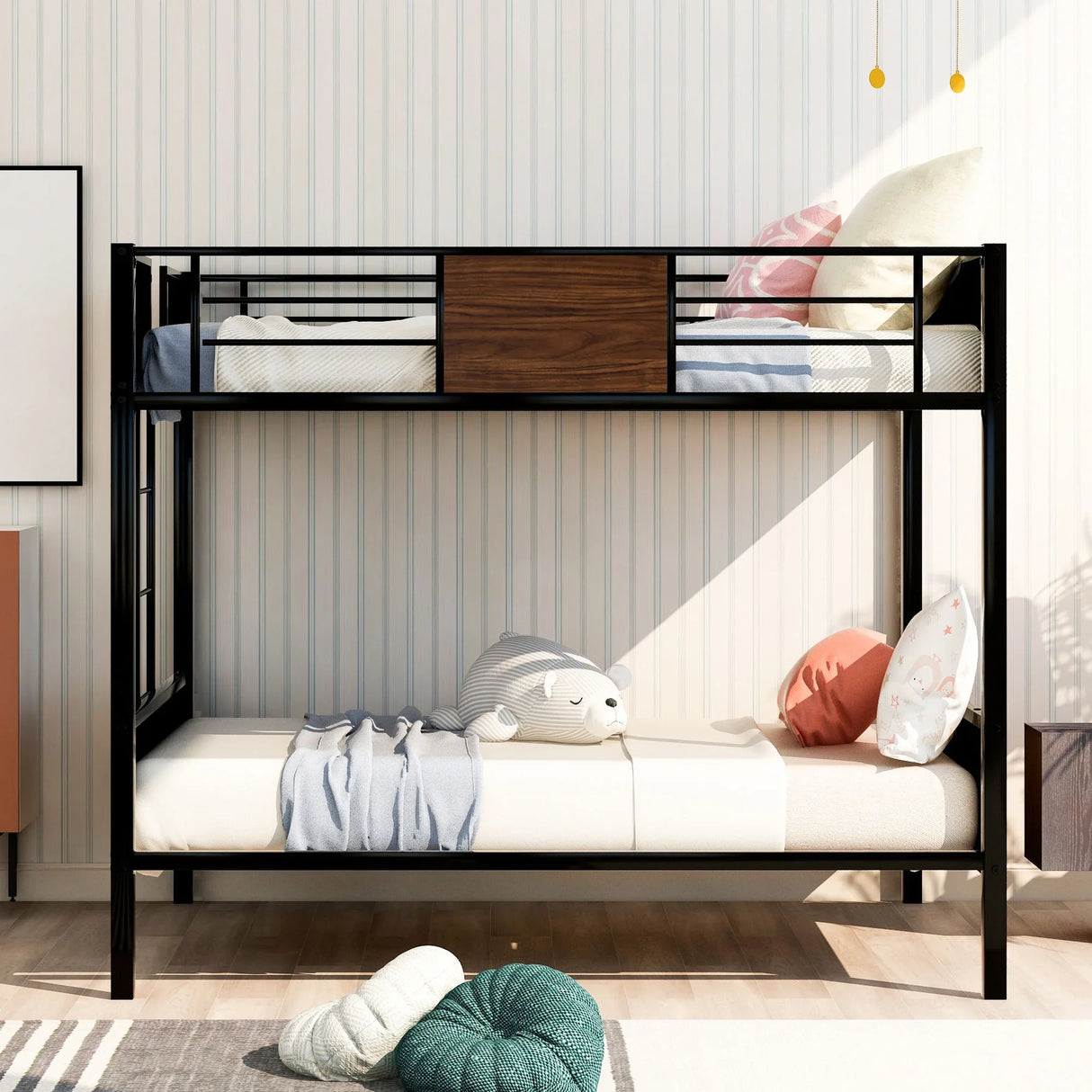 Full Over Full Bunk Bed Modern Style Steel Frame Bunk Bed With Safety Rail, Built-In Ladder For Bedroom - Brown - Furniture Home Direct