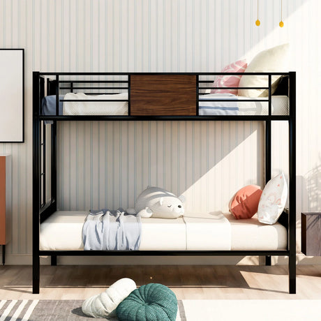 Full Over Full Bunk Bed Modern Style Steel Frame Bunk Bed With Safety Rail, Built-In Ladder For Bedroom - Brown - Furniture Home Direct