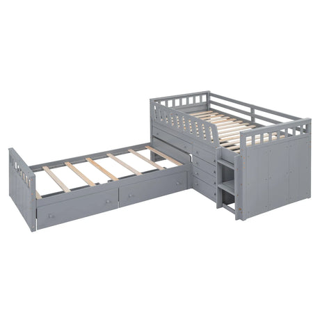Loft Platform Bed With 7 Drawers And Full Guardrails, Modern L Shaped Space Savin - Furniture Home Direct