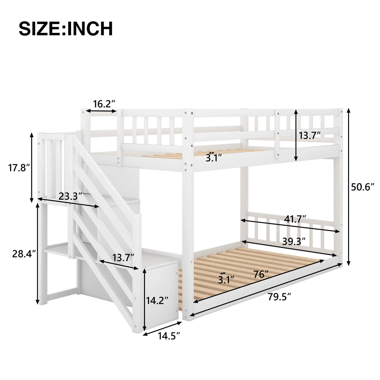 Twin Over Twin Floor Bunk Bed, Ladder With Storage - Furniture Home Direct