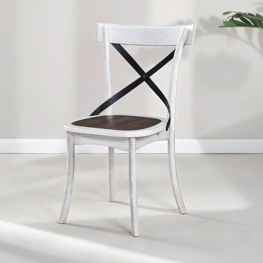 2 Pieces Set Dining Side Chair Rustic Modern Farmhouse Design Retro Design With Metal X Design - Antique Dark Oak / Antique White - Furniture Home Direct