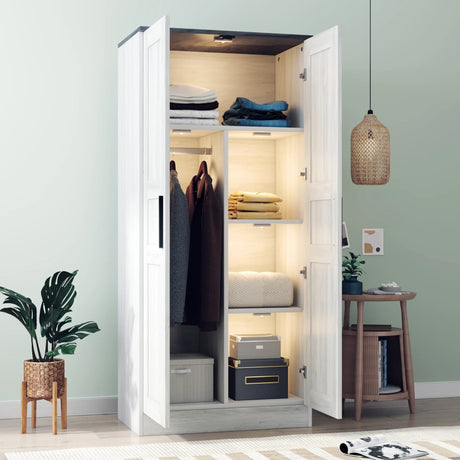 2-Door Wardrobe Armoire with LED and 4 Storage Shelves, Grey - Furniture Home Direct