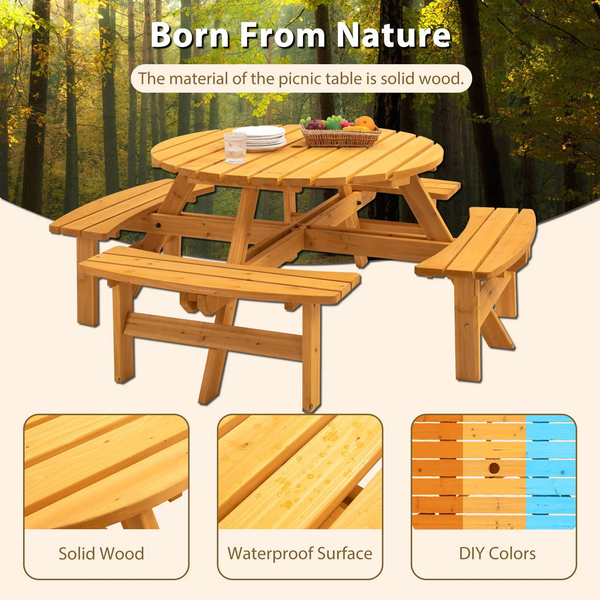 8 Person Wooden Picnic Table, Outdoor Camping Dining Table With Seat, Garden, Diy With 4 Built-In Benches, 2220Lb Capacity - Furniture Home Direct