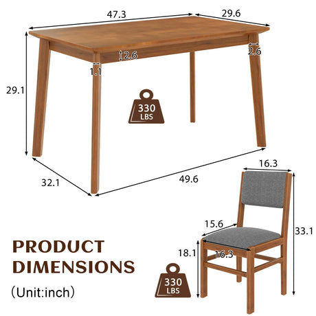 5 Pieces Rectangle Wooden Dining Table Set, Mid Century Modern Kitchen Table And 4 Upholstered Chairs For Home, Saving Space - Brown / Gray - Furniture Home Direct