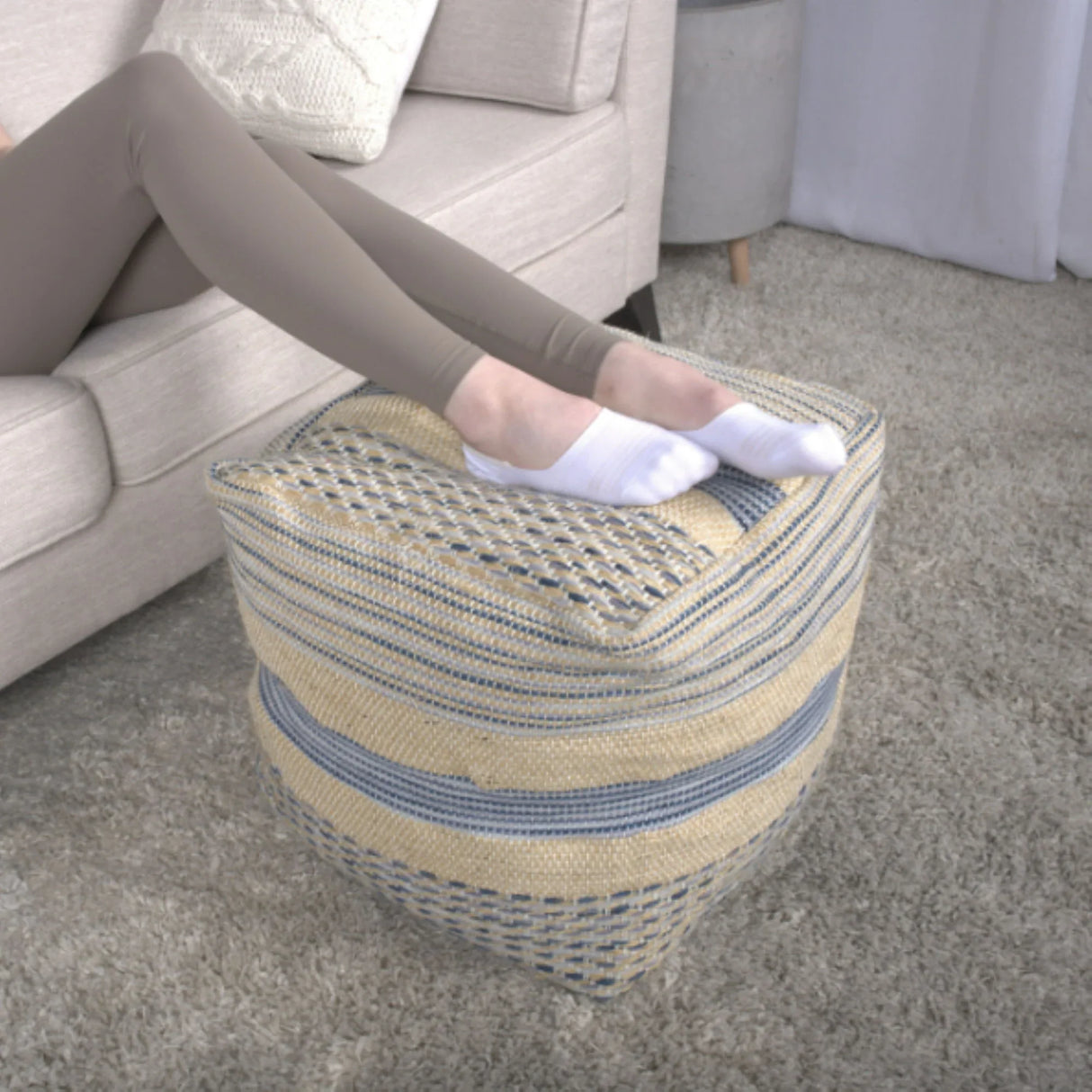 Western - Handcrafted Fabric Pouf, Durable - Natural / Blue - Furniture Home Direct