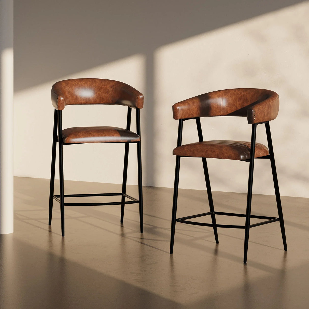Counter Stools (Set of 2), Upholstered Counter Stools With Iron Frame, Backrest, Footrest, Arm Counter Stools For Home Bar, Kitchen Counter - Brown