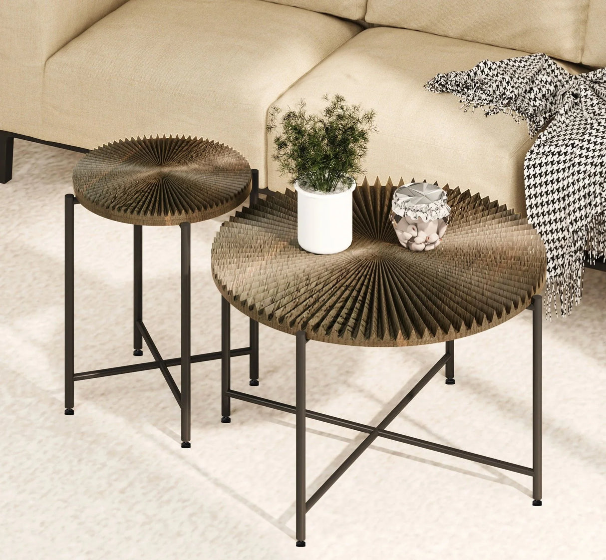 Radial - Pattern Coffee And End Table Set Waterproof Cover, Distressed Cylindrical Design (Set of 2) - Furniture Home Direct