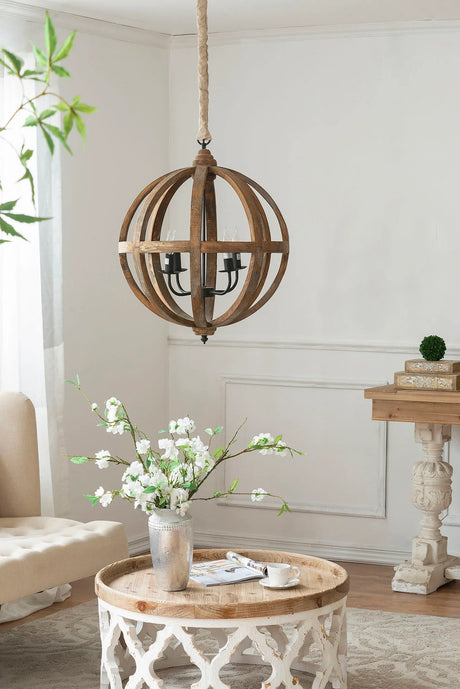 4 Light Wood Chandelier, Hanging Light Fixture With Adjustable Chain For Kitchen, Bulb Not Included - Brown - Furniture Home Direct