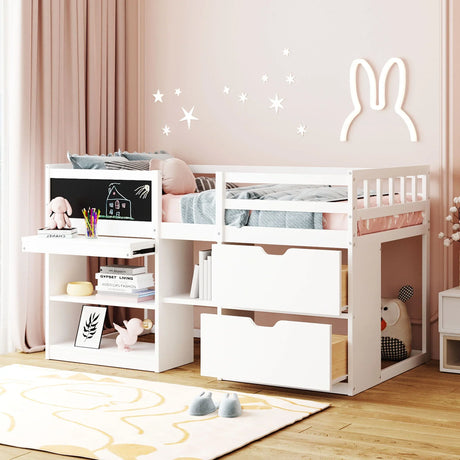Low Loft Bed With Rolling Desk, Shelf And Drawers - Furniture Home Direct