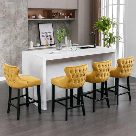Contemporary Velvet Upholstered Wing-Back Barstools With Button Tufted Decoration And Wooden Legs, And Chrome Nailhead Trim, Leisure Style Bar Chairs, Bar Stools (Set of 4) - Furniture Home Direct