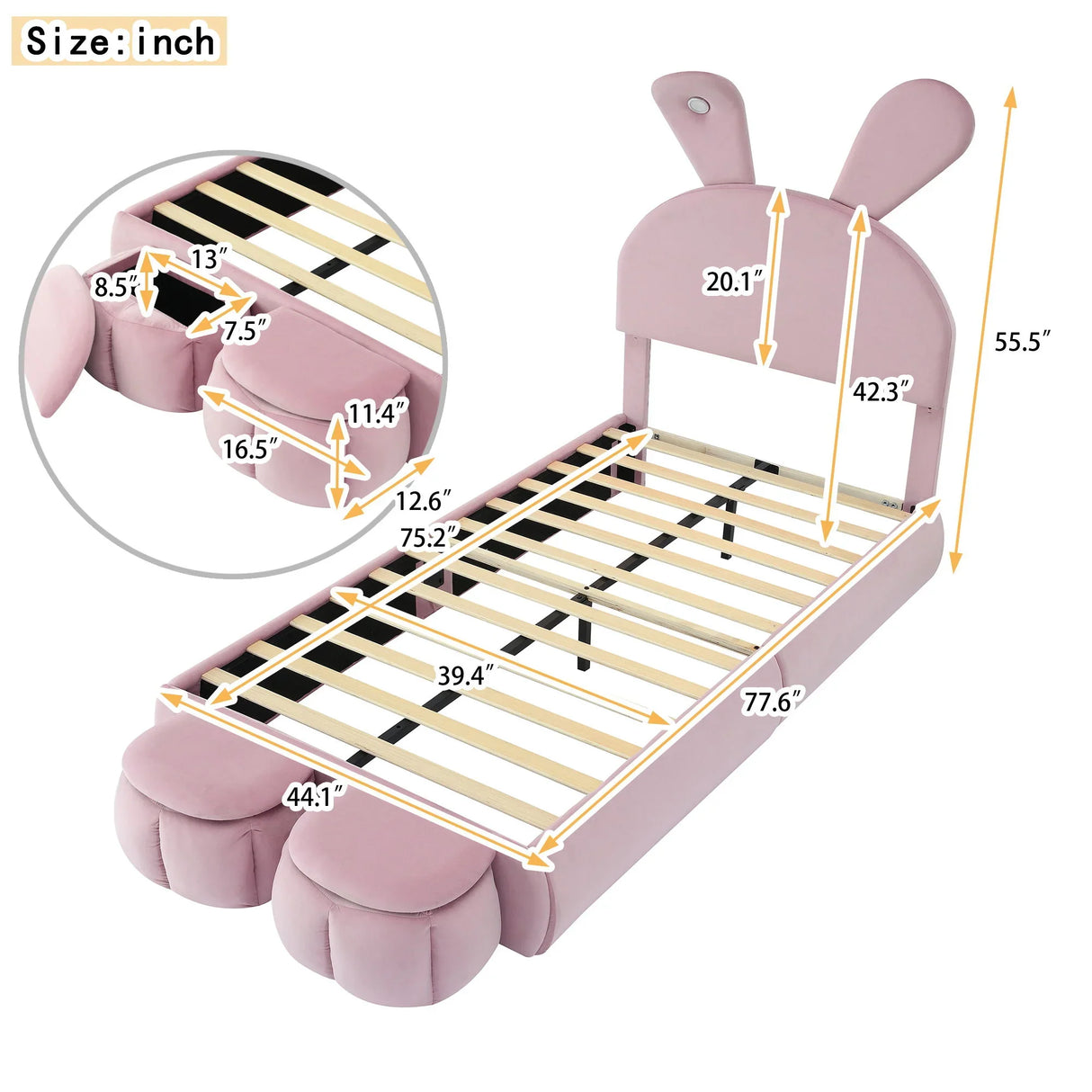 Upholstered Platform Bed With Cartoon Ears Shaped Headboard And LED Light - Furniture Home Direct