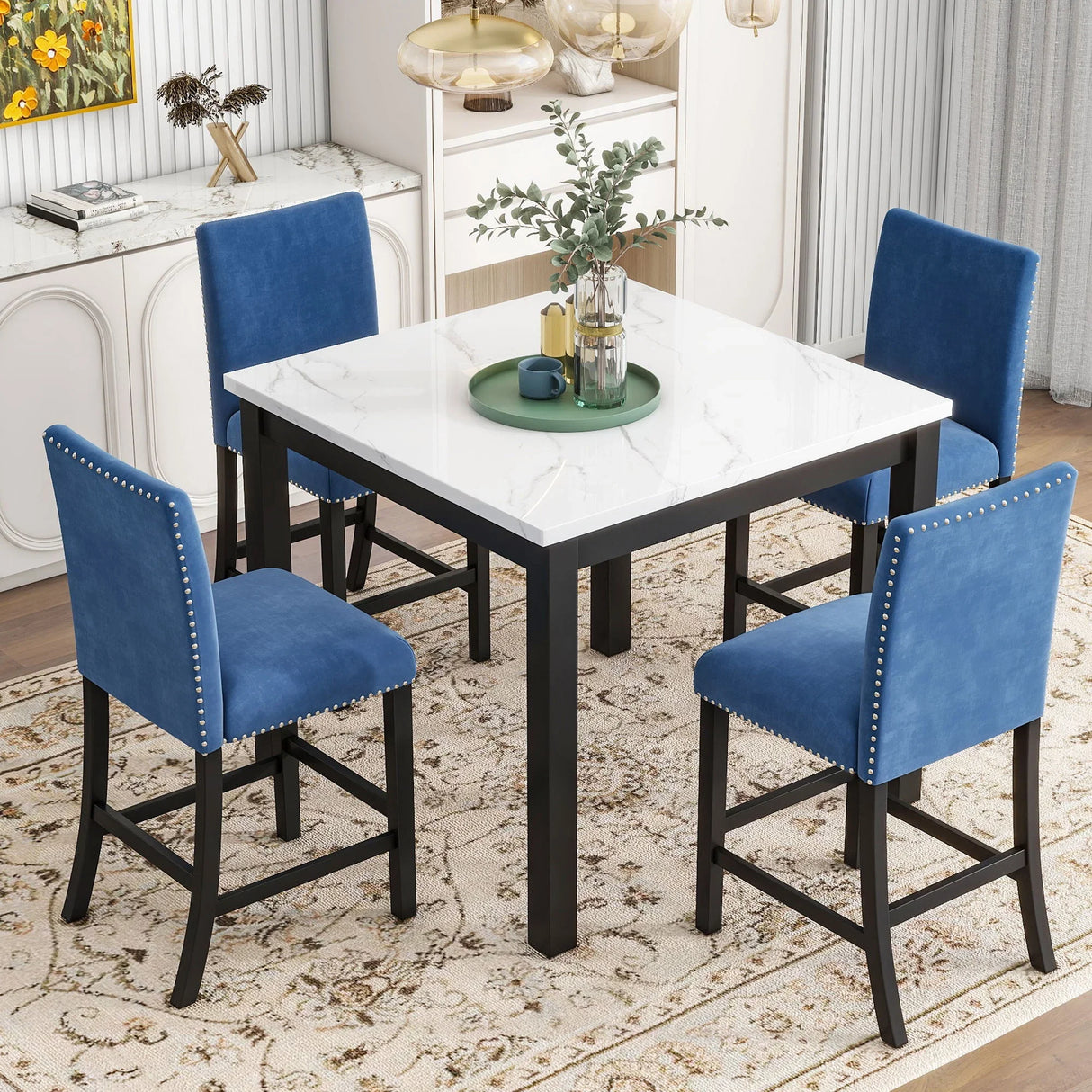 5-Piece Counter Height Dining Table Set With One Faux Marble Top Dining Table And Four Velvet Upholstered Chairs - Furniture Home Direct