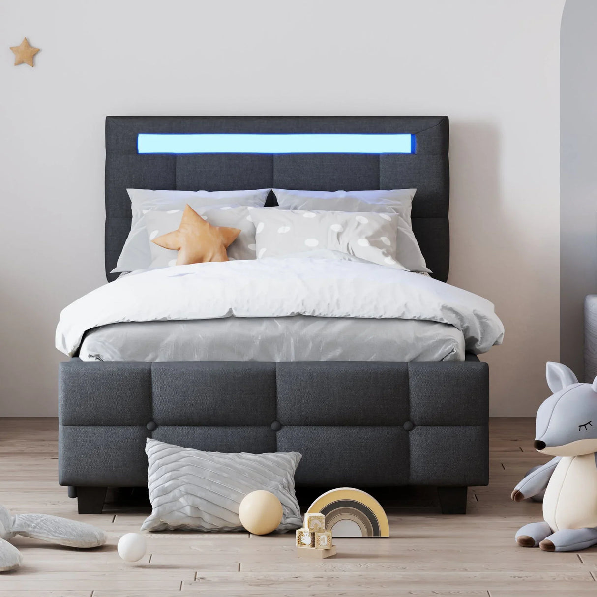 Upholstered Platform Bed With LED Frame, With Trundle And 2 Drawers - Furniture Home Direct