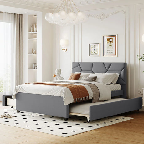 Upholstered Platform Bed With Brick Pattern Headboard And Twin Long Size Trundle - Furniture Home Direct
