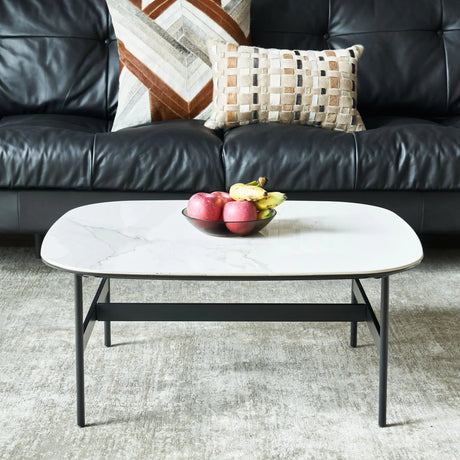 Modern Rectangular Rock Plate Coffee Table Open Space Design Golden Metal Frame Minimalist Living Room Center Table For Lounge Office - Black White - Furniture Home Direct