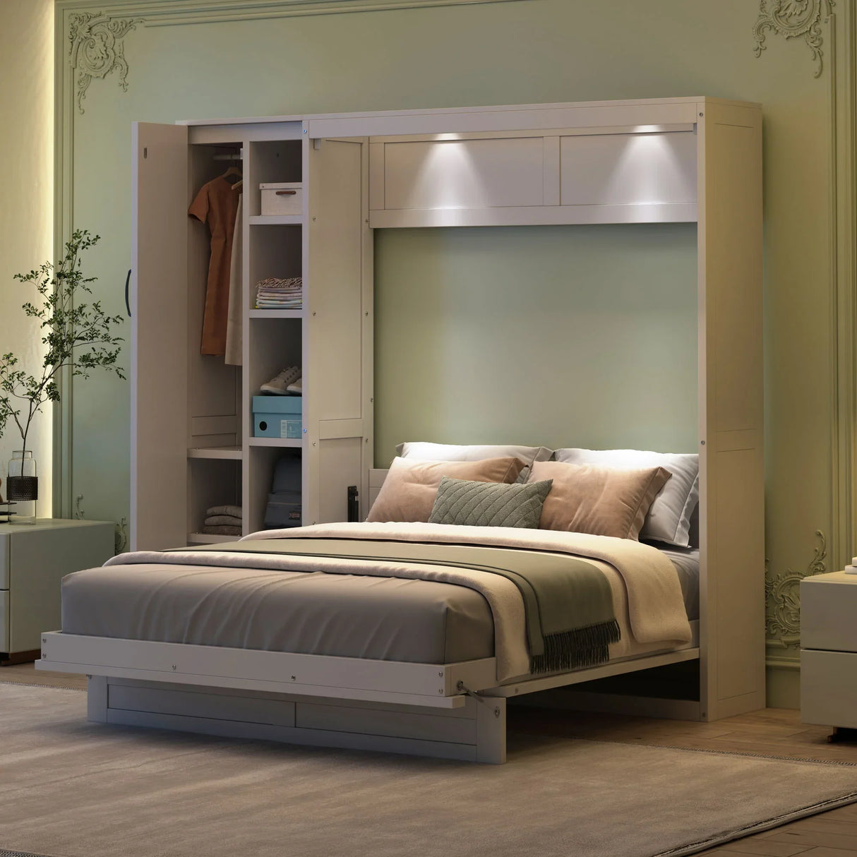 Murphy Wall Bed With Shelves, Wardrobe And LED Lights - Furniture Home Direct