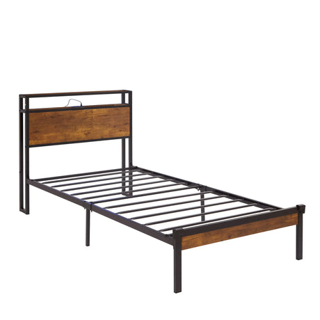 Metal Platform Bed Frame With Wooden Headboard And Footboard With USB Liner, No Box Spring Needed, Under Bed Storage - Furniture Home Direct