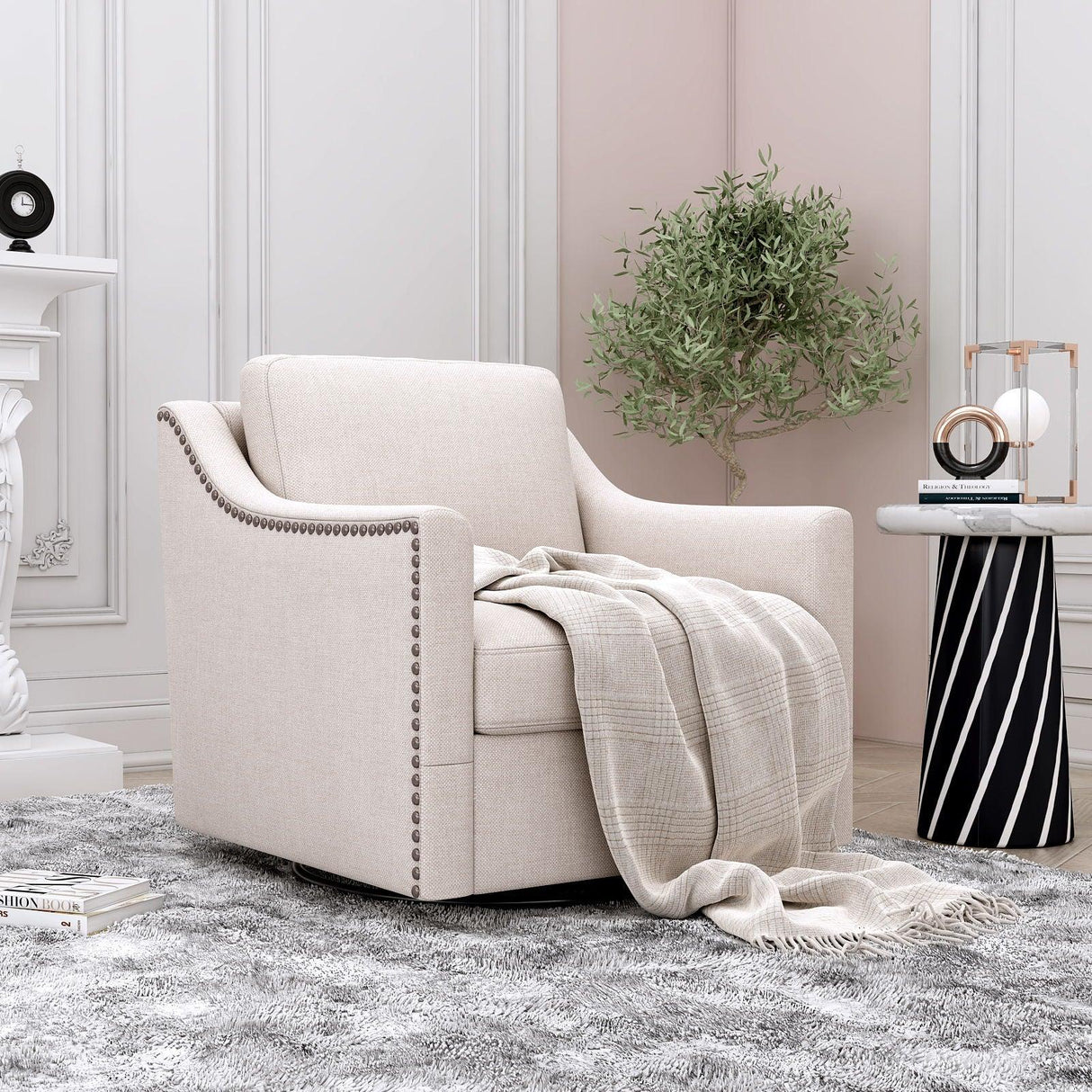 360 Degree Swivel Armchair, Skin Friendly Fabric, Ergonomic Design, Brass Nail Decorative Armchair - Furniture Home Direct