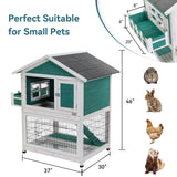 2 Story Wooden Rabbit Hutch Outdoor Indoor Bunny Cage Pull Out Tray, Waterproof Roof - Green - Furniture Home Direct