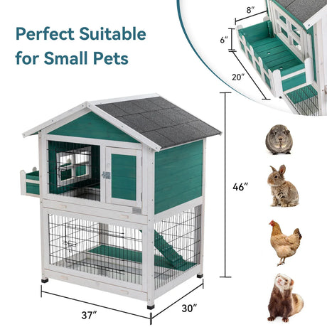 2 Story Wooden Rabbit Hutch Outdoor Indoor Bunny Cage Pull Out Tray, Waterproof Roof - Green - Furniture Home Direct